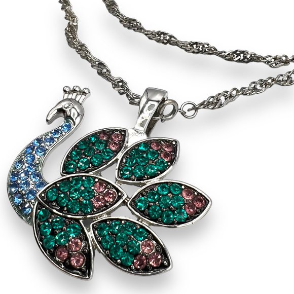 RMN Roman Signed HUGE Green/Blue/Pink Rhinestone PEACOCK Bird Pendant Necklace - Picture 3 of 10
